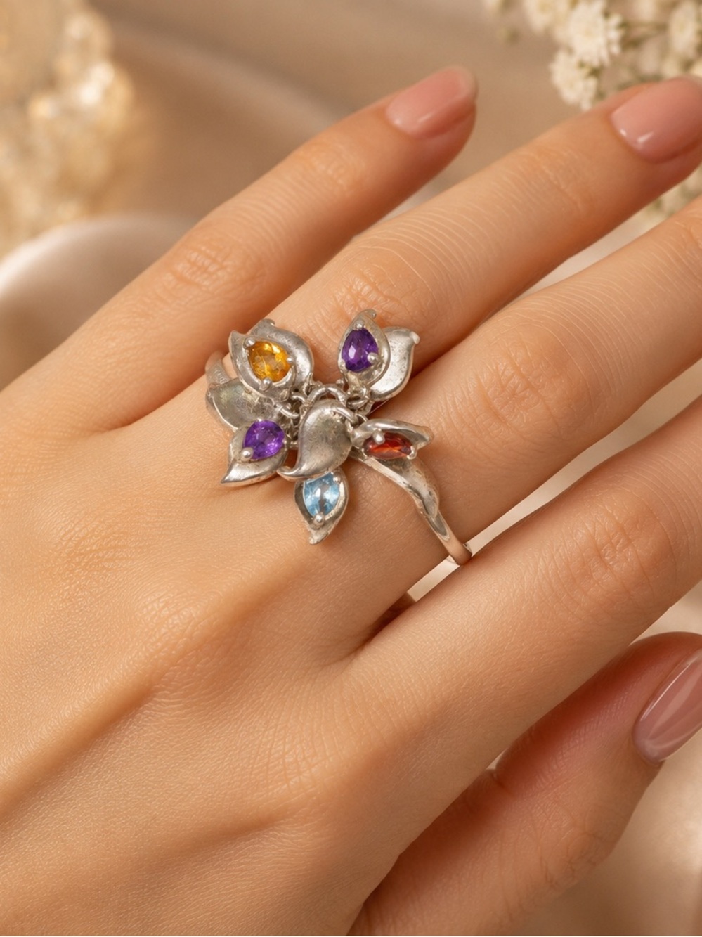 Multi-Gem Floral Silver Ring - Colorful Petal Design